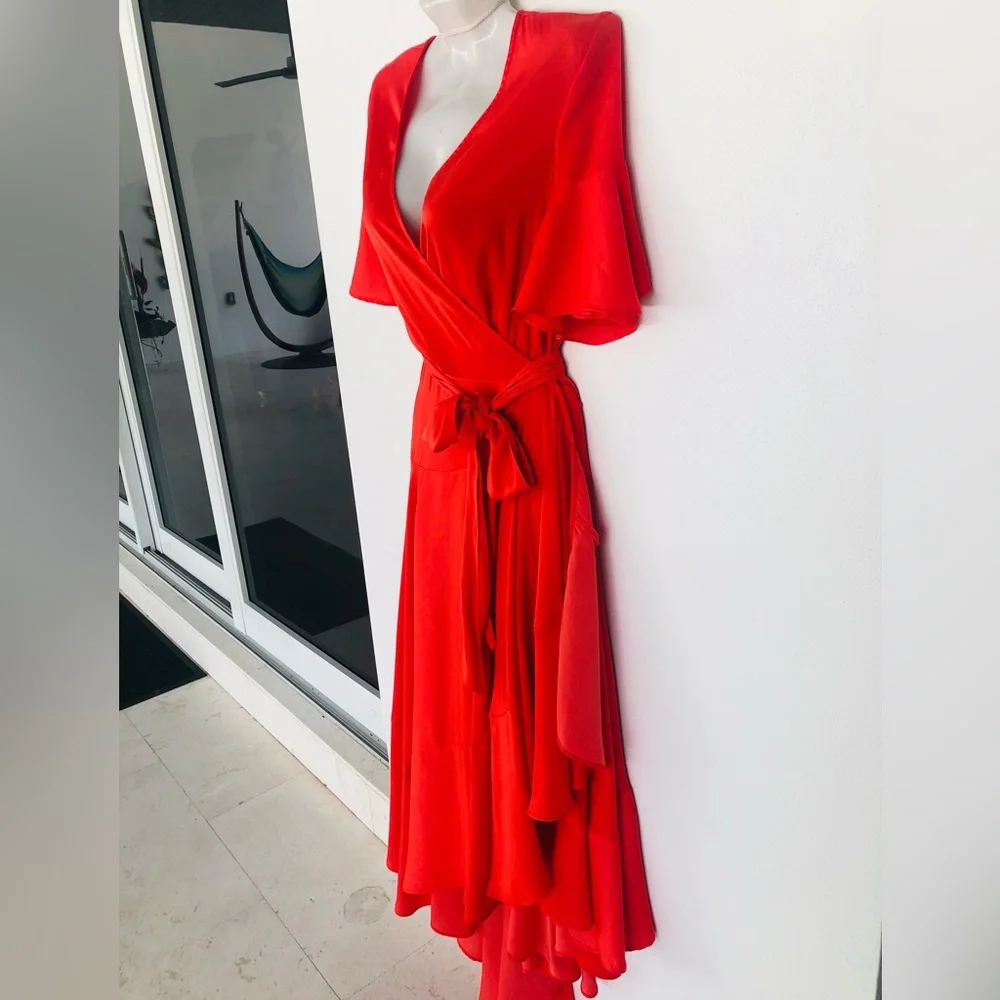 Maje Coral Wrap High-Low Midi Dress with Tie Waist. Size 1 ( S ) - Picture 4 of 12
